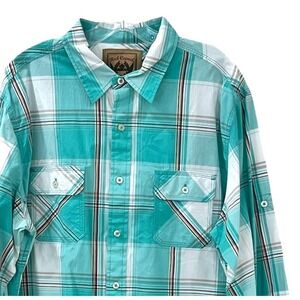 Red Camel Men's Shirt XL Turquoise Green Plaid Long Sleeve Roll Tab Button Front